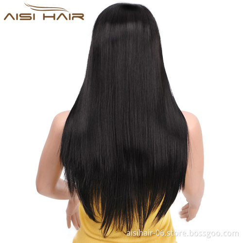 Aisi Hair Top Quality Natural Black Long Straight Synthetic Lace Front Wigs With Baby Hair For Black Women